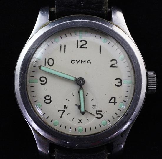 A gentlemans 1940s/1950s steel Cyma military wrist watch,